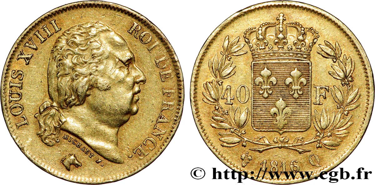 40 francs or Louis XVIII 1816 Perpignan F.542/4 XF 