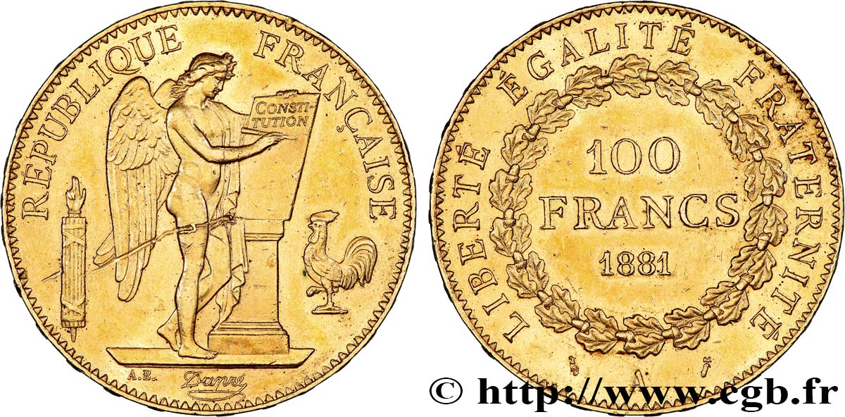 100 francs or Génie, tranche inscrite en relief Dieu protège la France 1881 Paris F.552/4 SUP 