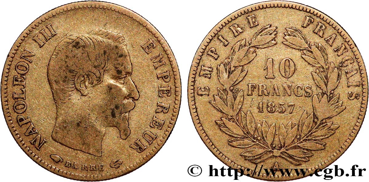 10 francs or Napoléon III, tête nue 1857 Paris F.506/4 VF 