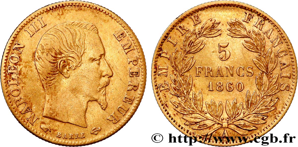 5 francs or Napoléon III, tête nue, grand module 1860 Paris F.501/10 q.BB/BB 