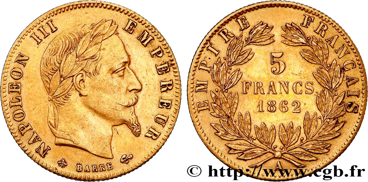 5 francs or Napoléon III, tête laurée 1862 Paris F.502/1 TTB+ 