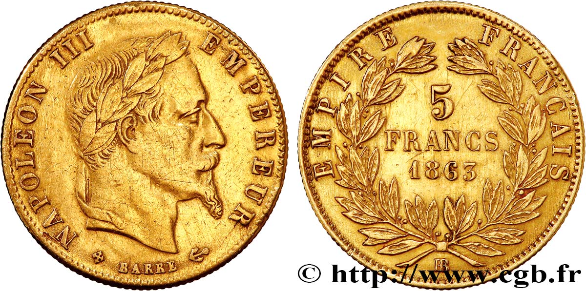 5 francs or Napoléon III, tête laurée 1863 Strasbourg F.502/4 TTB 