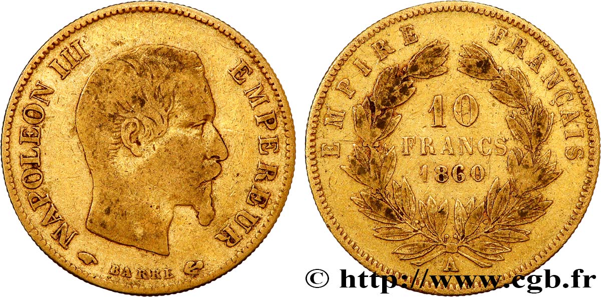 10 francs or Napoléon III, tête nue 1860 Paris F.506/9 TB 