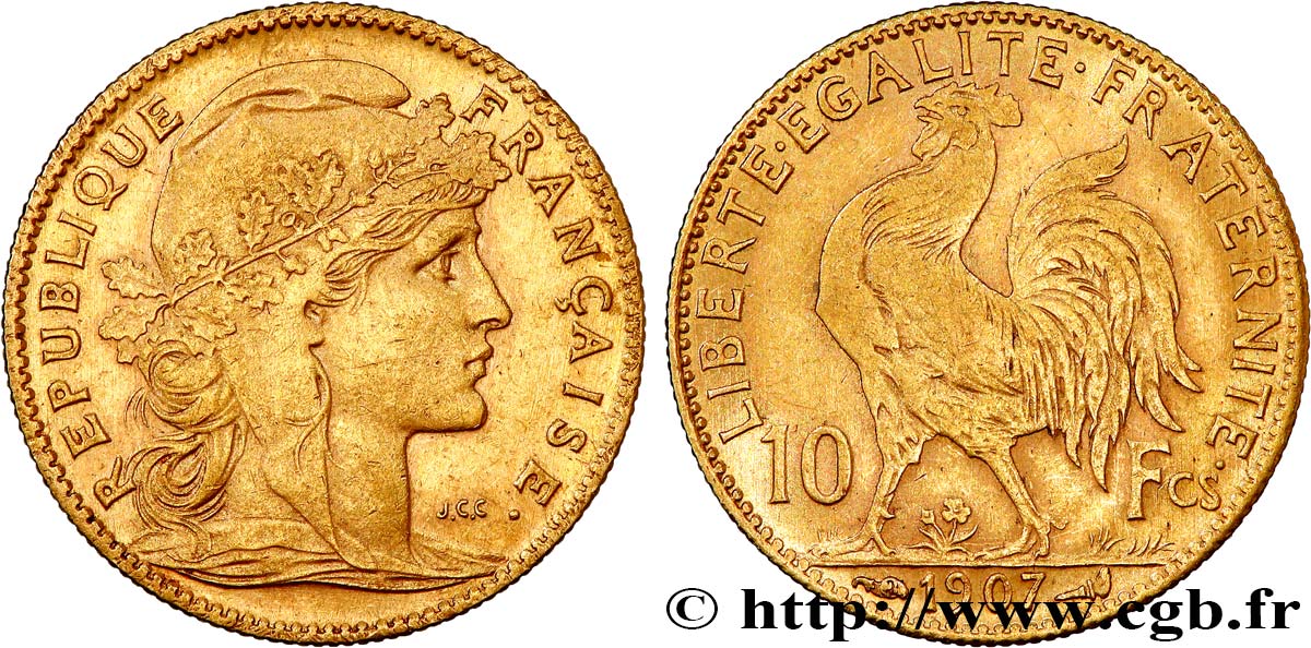 10 francs or Coq 1907 Paris F.509/8 XF 