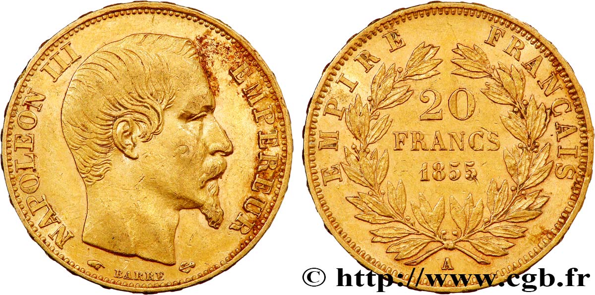 20 francs or Napoléon III, tête nue 1855 Paris F.531/4 TTB+ 