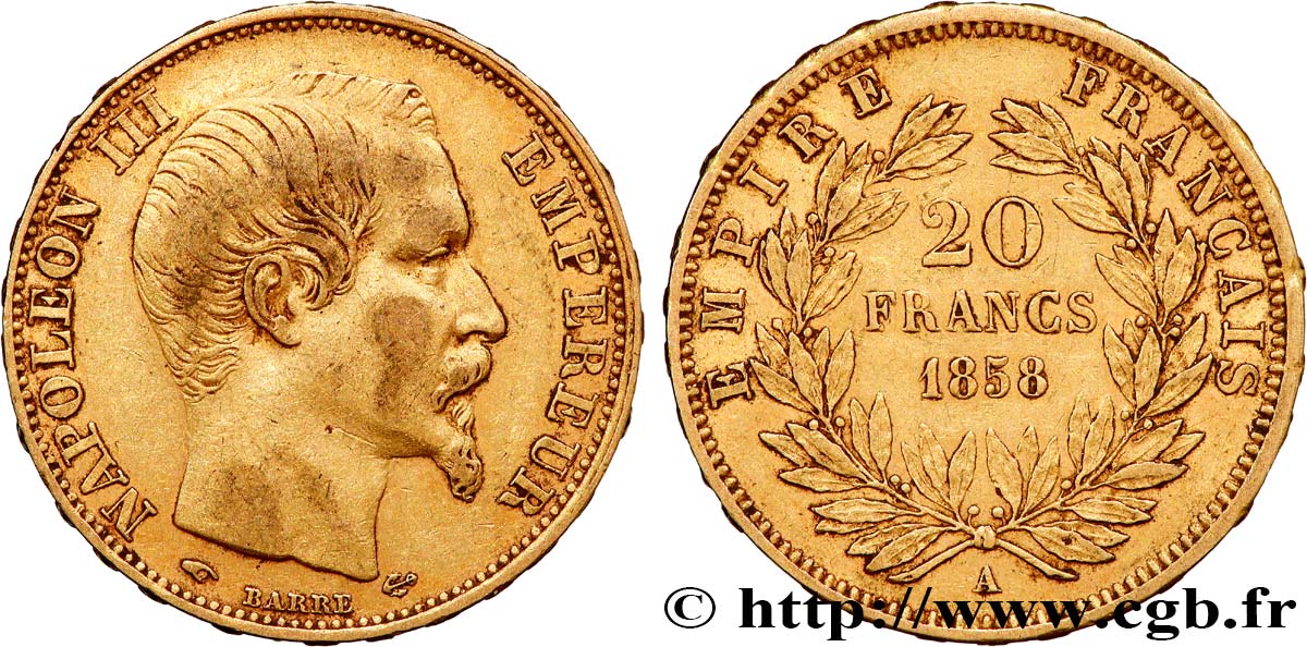 20 francs or Napoléon III, tête nue 1858 Paris F.531/13 BB45 