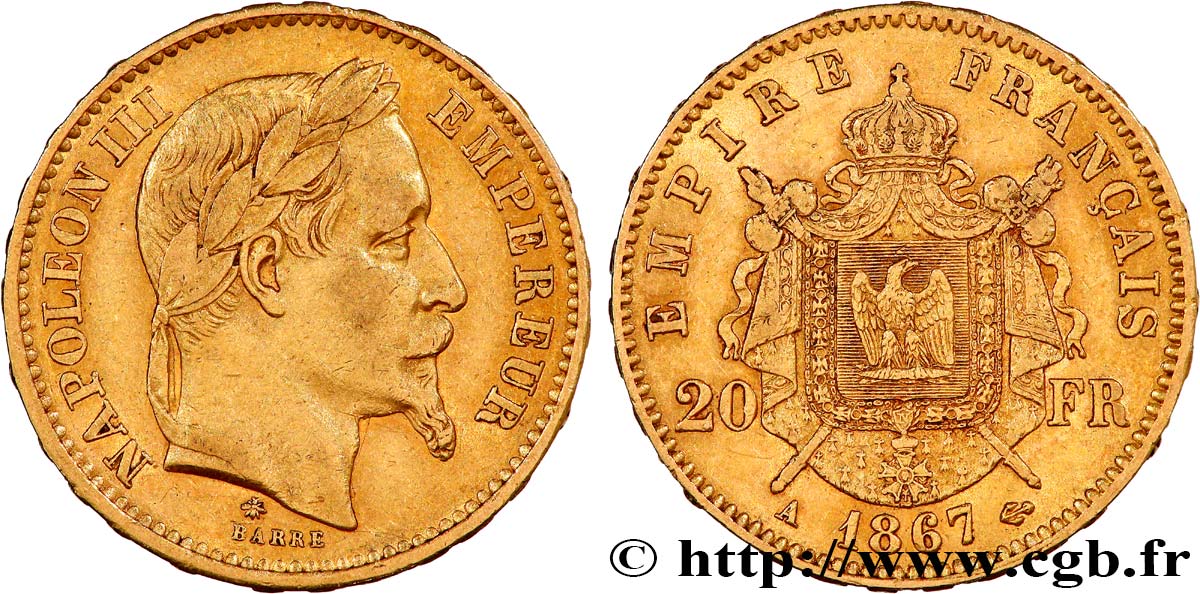 20 francs or Napoléon III, tête laurée 1867 Paris F.532/15 TTB 