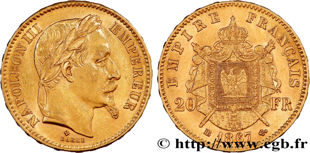 20 francs or Napoléon III, tête laurée, petit BB 1867 Strasbourg F.532/16 TTB+ 