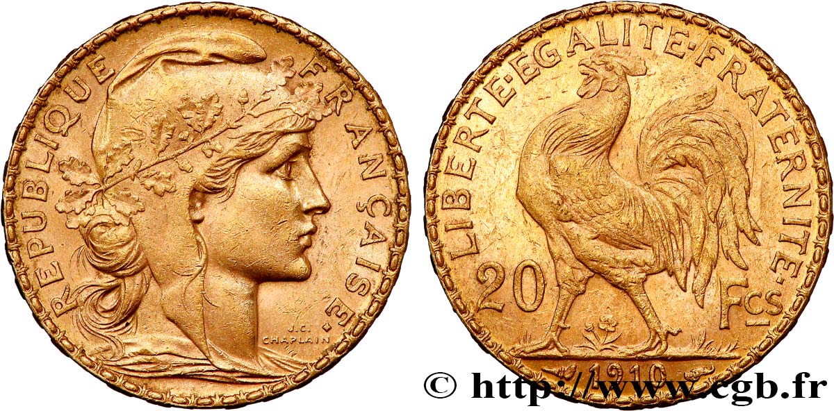 20 francs or Coq, Liberté Égalité Fraternité 1910 Paris F.535/4 q.SPL 