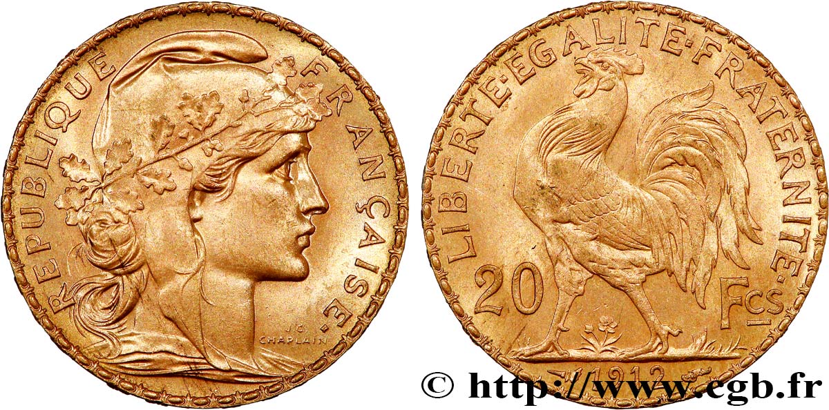20 francs or Coq, Liberté Égalité Fraternité 1912 Paris F.535/6 SPL 