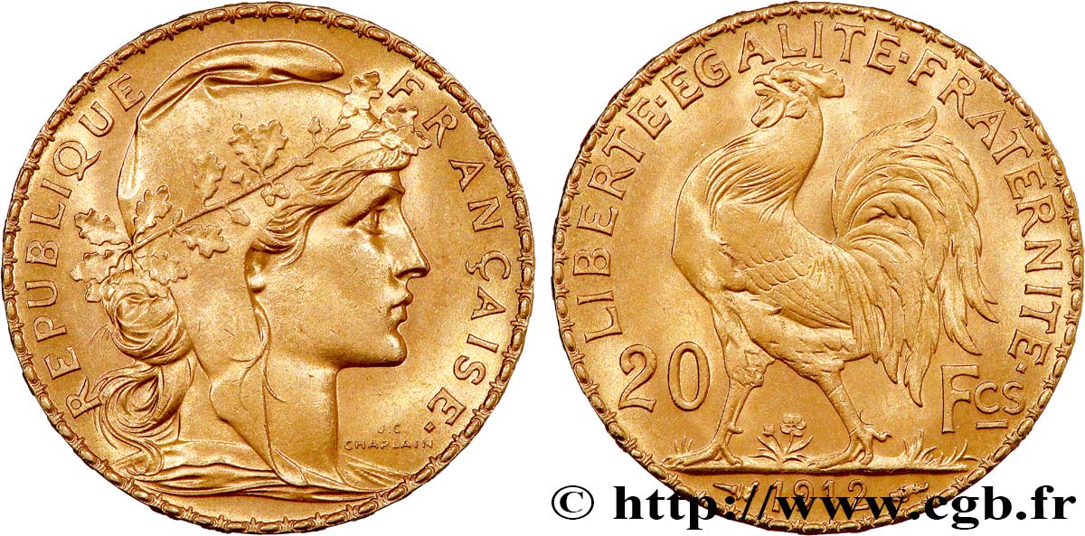 20 francs or Coq, Liberté Égalité Fraternité 1912 Paris F.535/6 SPL 