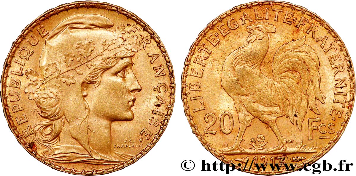 20 francs or Coq, Liberté Égalité Fraternité 1913 Paris F.535/7 q.SPL 