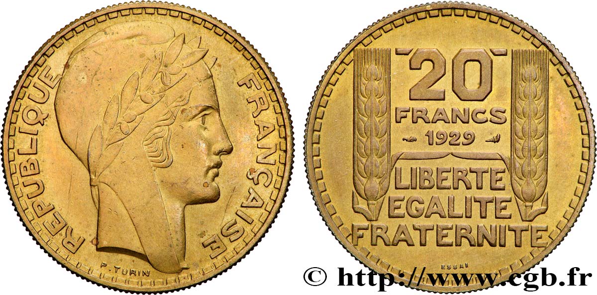 Essai de 20 francs Turin en bronze-aluminium 1929 Paris GEM.199 5 SUP+ 