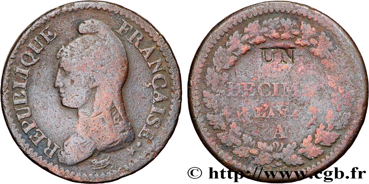 Un décime Dupré, modification du 2 décimes 1796 Paris F.127/1 VG 