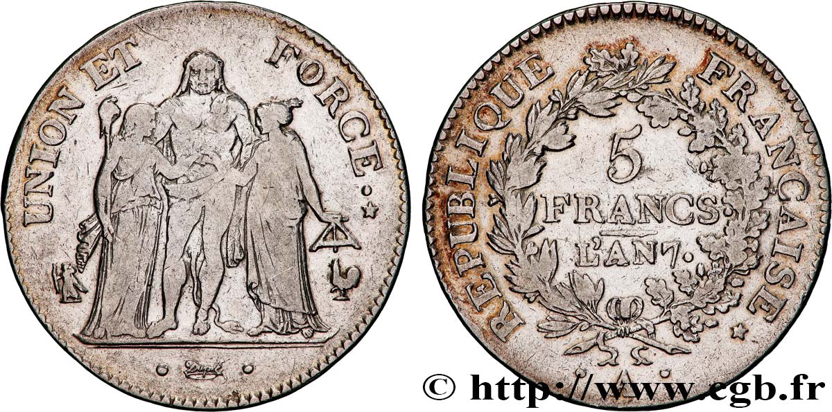 5 francs Union et Force, Union serré, avec glands intérieurs et gland extérieur 1799 Paris F.288/95 TB 