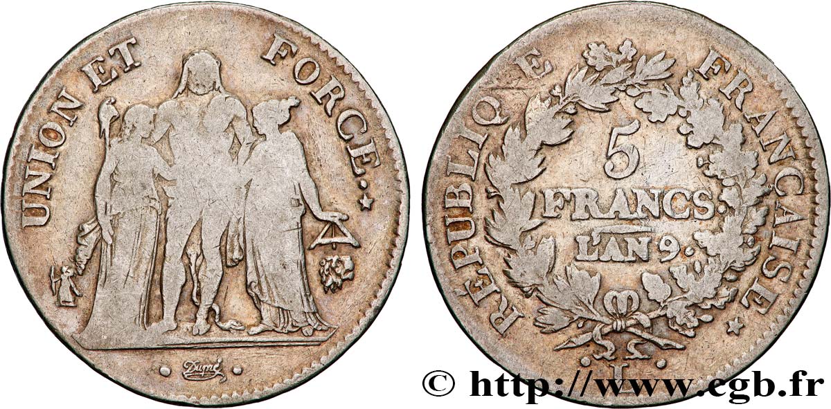 5 francs Union et Force, Union serré, avec glands intérieurs et gland extérieur 1801 Bayonne F.288/163 var. q.MB 