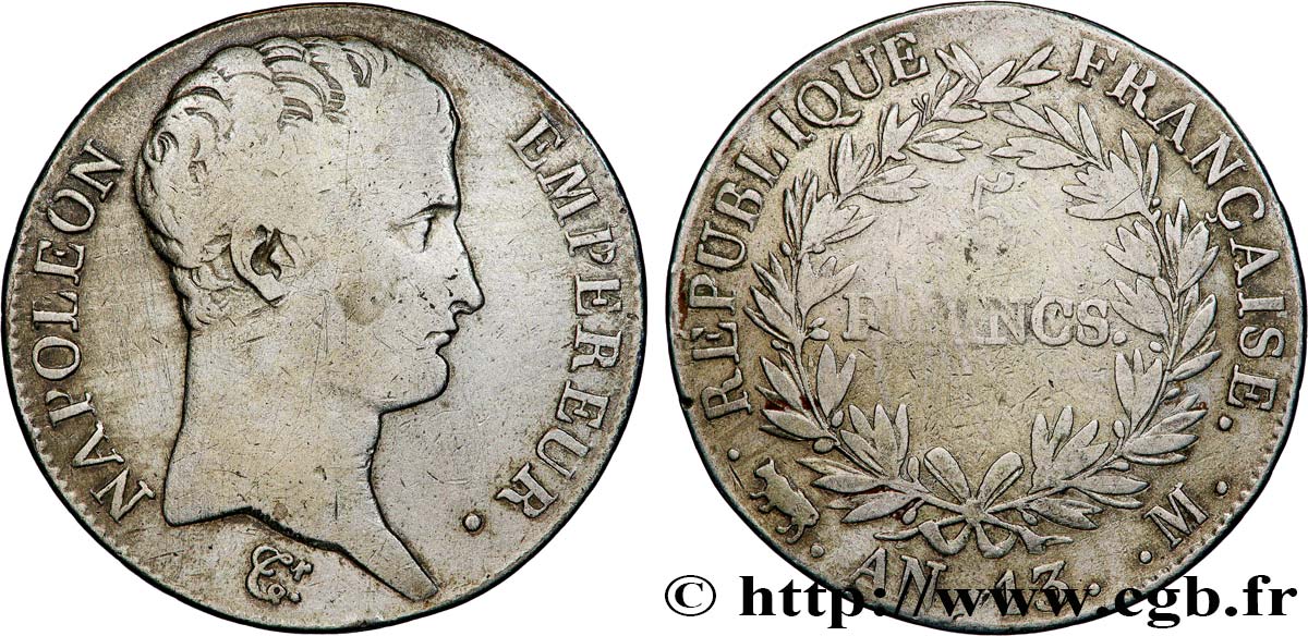 5 francs Napoléon Empereur, Calendrier révolutionnaire 1805 Toulouse F.303/13 B+ 