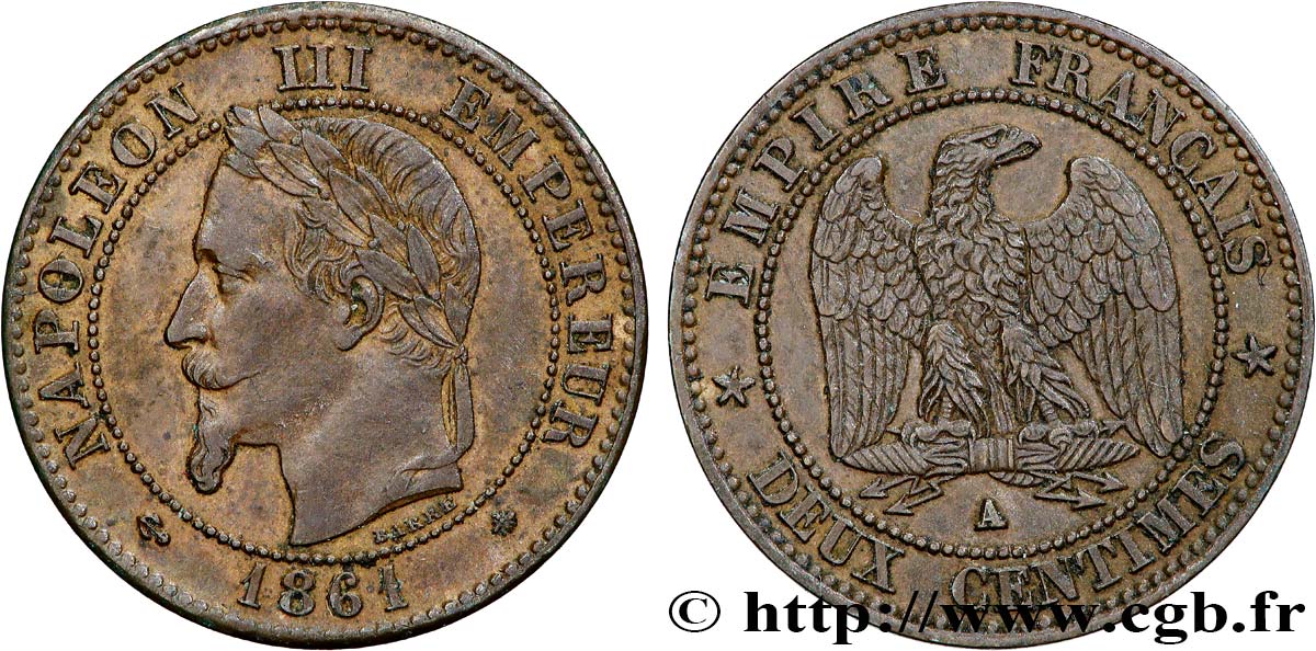 Deux centimes Napoléon III, tête laurée 1861 Paris F.108A/1 BB50 