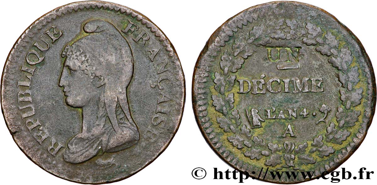 Un décime Dupré, modification du 2 décimes 1796 Paris F.127/1 TB30 
