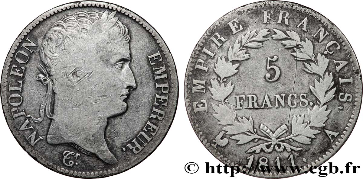 5 francs Napoléon Empereur, Empire français 1811 Paris F.307/27 B+ 