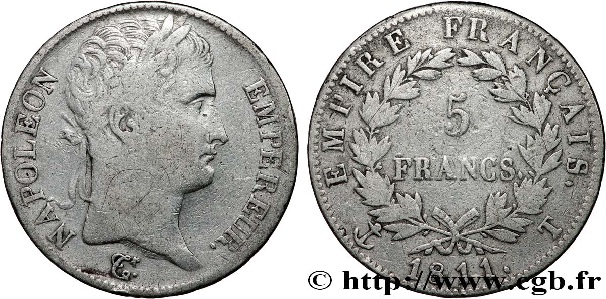 5 francs Napoléon Empereur, Empire français 1811 Nantes F.307/38 MB 