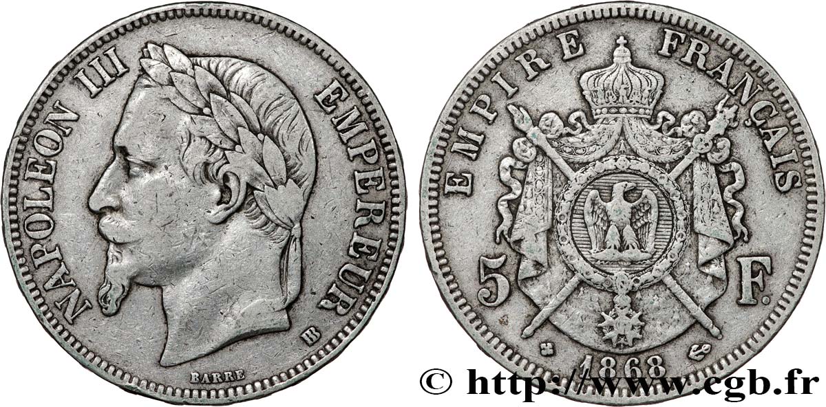 5 francs Napoléon III, tête laurée 1868 Strasbourg F.331/13 TB+ 