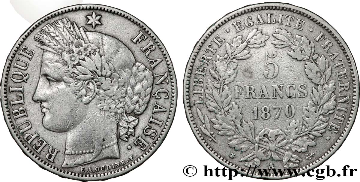 5 francs Cérès, avec légende 1870 Paris F.333/1 BC+ 