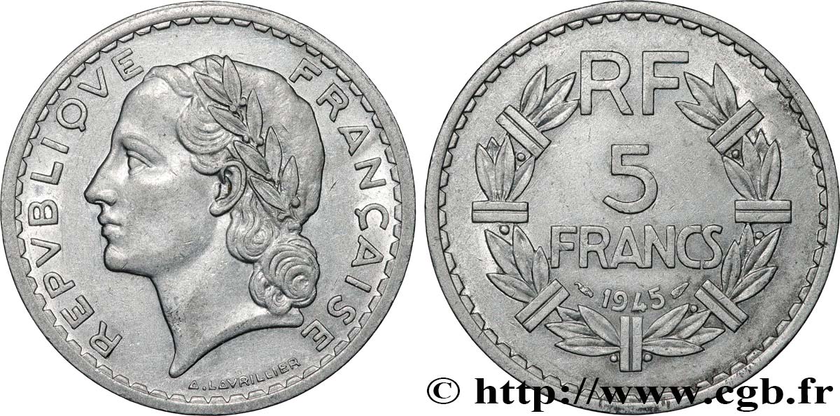 5 francs Lavrillier, aluminium, 9 ouvert 1945  F.339/3 MBC 