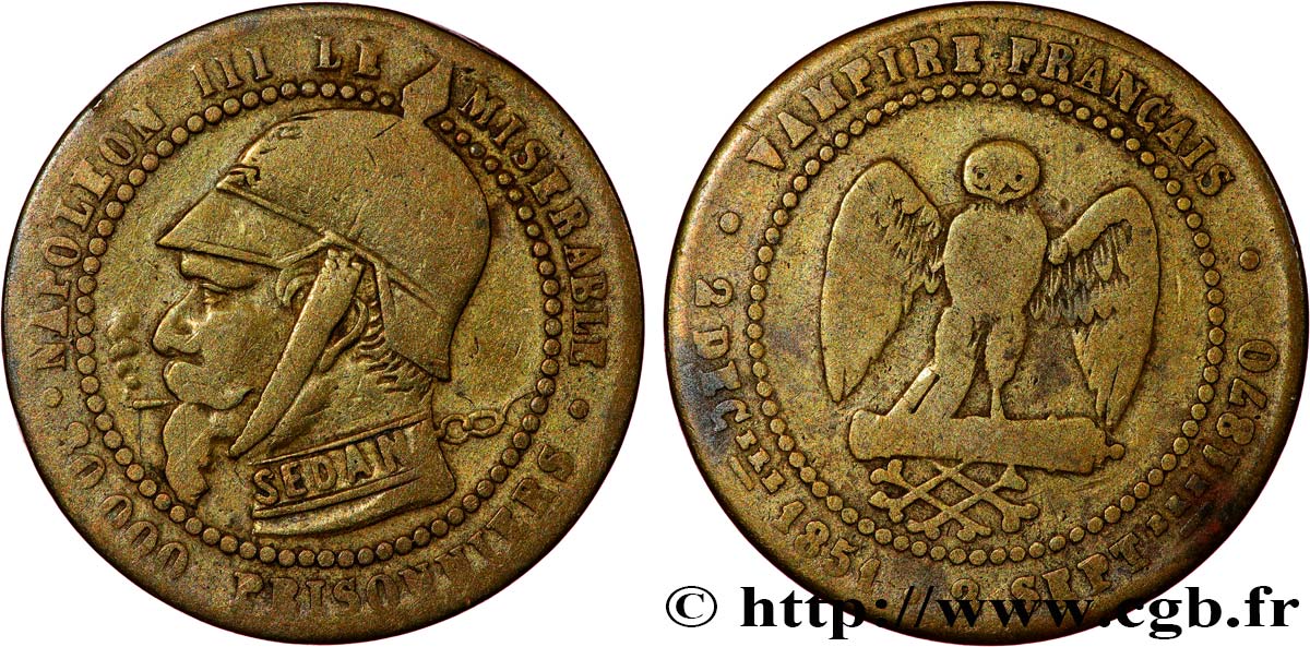 Médaille satirique Lt 25, module de Cinq centimes, type B “Os et Cigarette” 1870  Schw.B1a  VF 