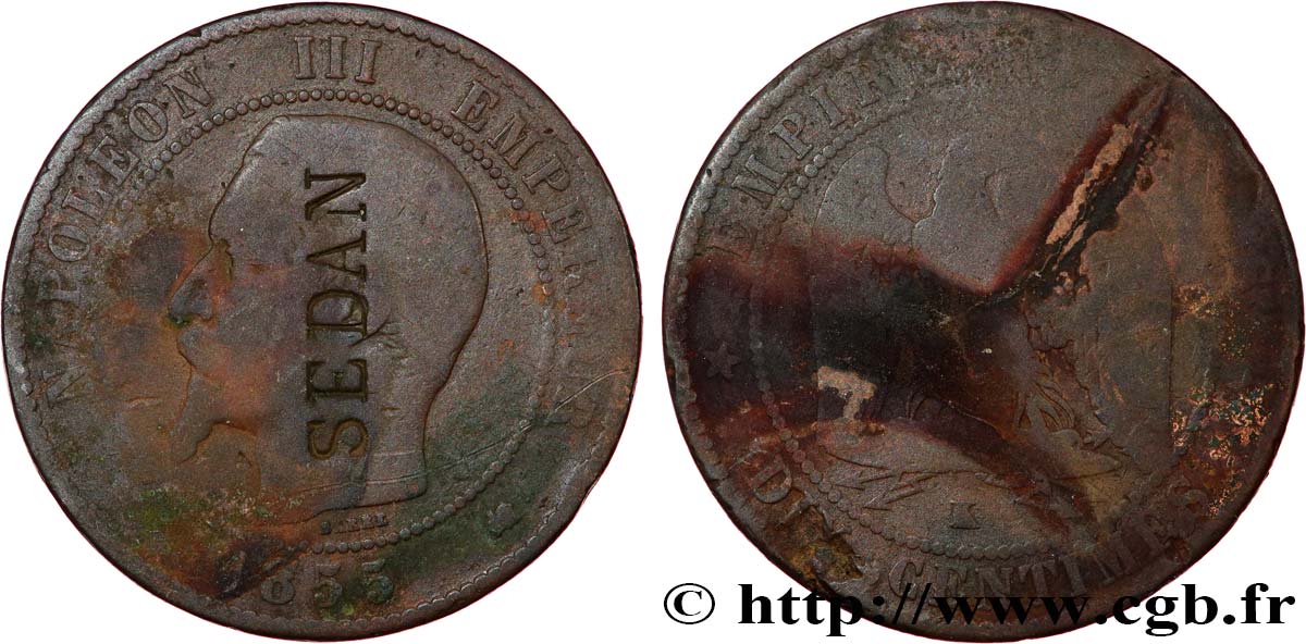 Dix centimes Napoléon III, tête nue, contremarqué SEDAN 1855 Bordeaux F.133/27 var. q.B 