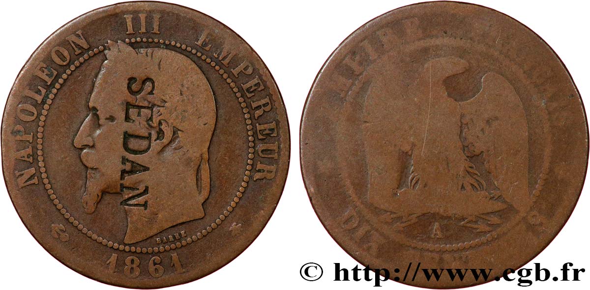 Dix centimes Napoléon III, tête laurée, contremarqué SEDAN 1861 Paris F.134/4 var. RC 