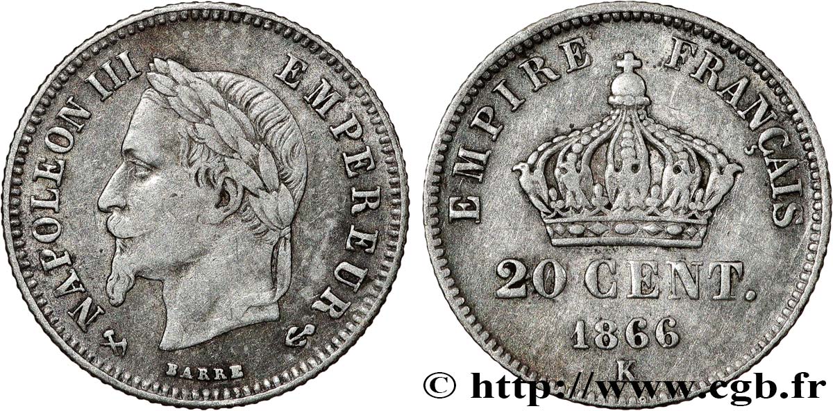 20 centimes Napoléon III, tête laurée, petit module 1866 Bordeaux F.149/6 MB 