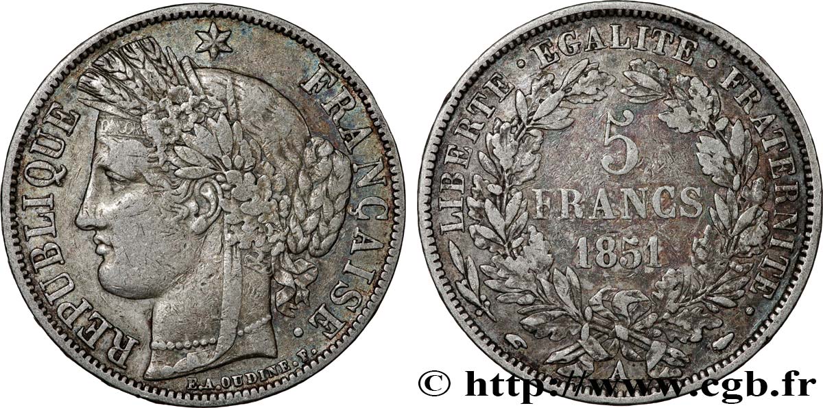 5 francs Cérès, IIe République 1851 Paris F.327/7 VF 