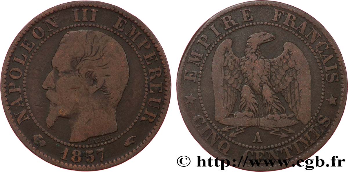 Cinq centimes Napoléon III, tête nue 1857 Paris F.116/37 VF20 