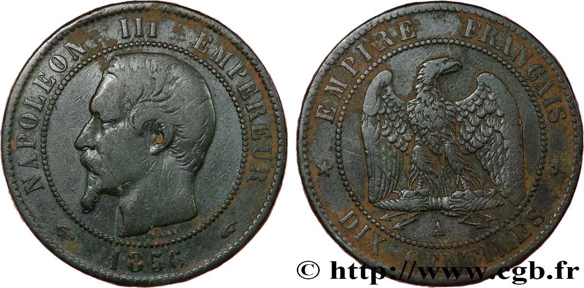 Dix centimes Napoléon III, tête nue 1856 Paris F.133/34 VF 