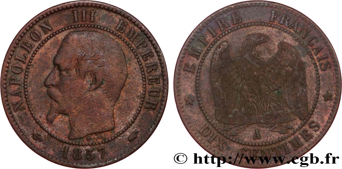 Dix centimes Napoléon III, tête nue 1857 Paris F.133/41 F15 