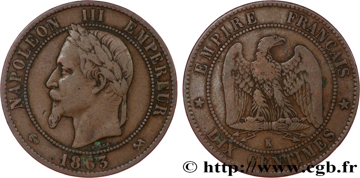 Dix centimes Napoléon III, tête laurée 1863 Bordeaux F.134/12 TB30 