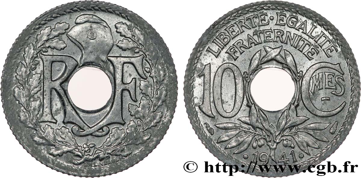 10 centimes Lindauer en zinc, Cmes souligné et millésime avec points 1941  F.140/2 MS 