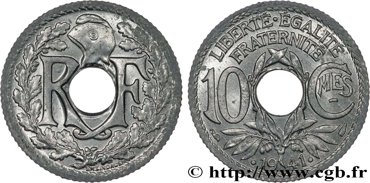 10 centimes Lindauer en zinc, Cmes souligné et millésime avec points 1941  F.140/2 MS 