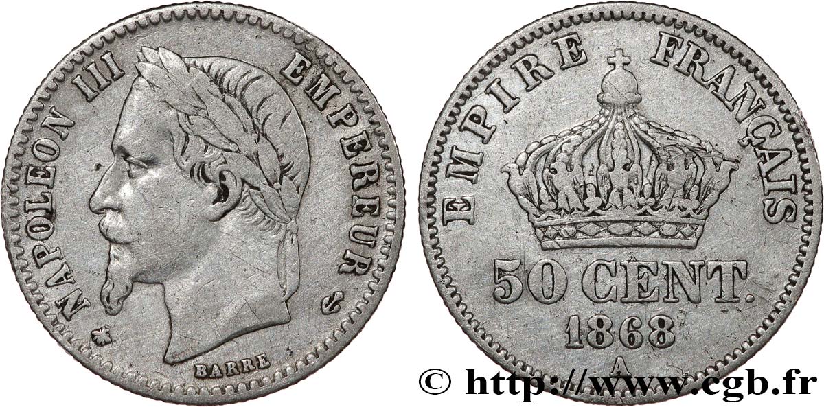 50 centimes Napoléon III, tête laurée 1868 Paris F.188/20 TB 