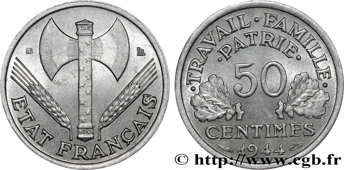 50 centimes Francisque, légère 1944 Beaumont-Le-Roger F.196/5 ST65 
