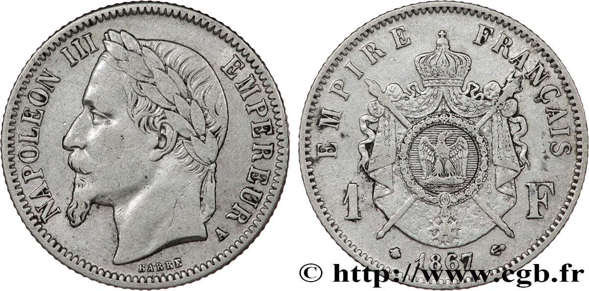 1 franc Napoléon III, tête laurée 1867 Paris F.215/6 VF 