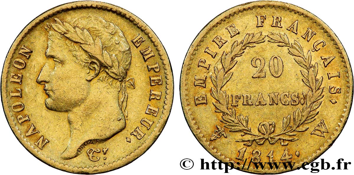 20 francs or Napoléon, tête laurée, Empire français 1814 Lille F.516/42 MBC50 