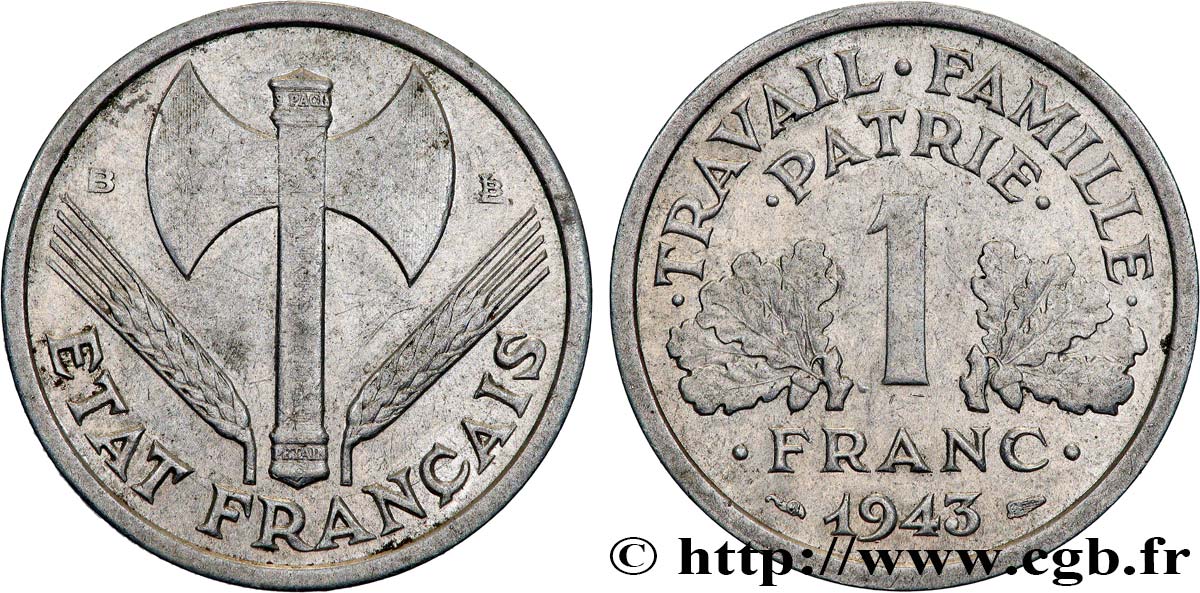 1 franc Francisque, légère 1943 Beaumont-Le-Roger F.223/4 TB35 