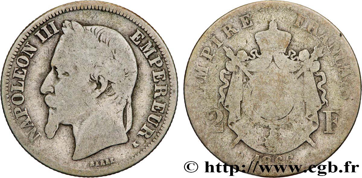 2 francs Napoléon III, tête laurée 1866 Bordeaux F.263/3 B6 