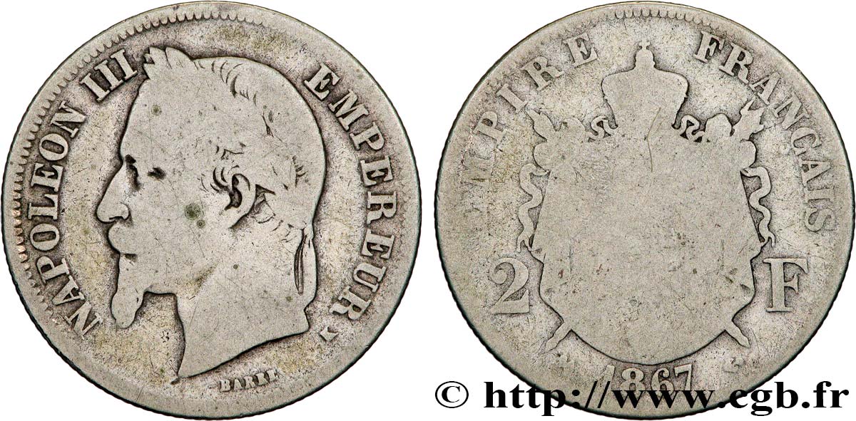 2 francs Napoléon III, tête laurée 1867 Bordeaux F.263/7 B6 