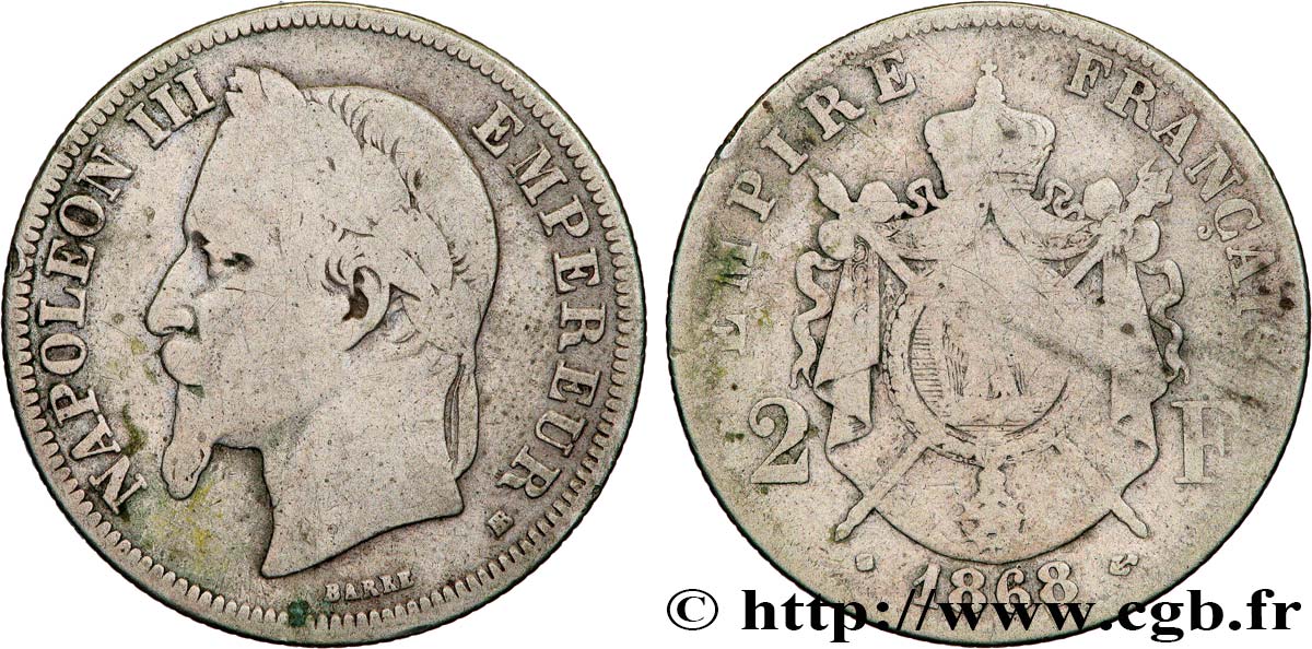 2 francs Napoléon III, tête laurée  1868 Strasbourg F.263/8 B10 