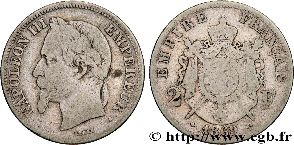 2 francs Napoléon III, tête laurée 1869 Paris F.263/10 B10 