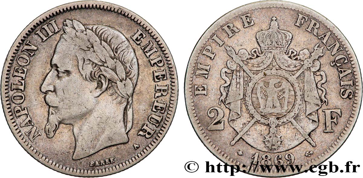2 francs Napoléon III, tête laurée 1869 Paris F.263/10 S35 