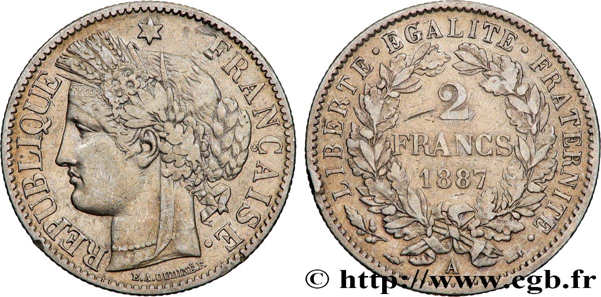 2 francs Cérès, avec légende 1887 Paris F.265/13 fSS 